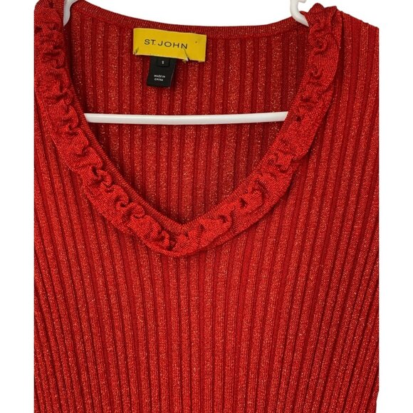 Retro St. John Womens Red Metallic Rib Knit V-Neck Sweater S GUC 7529 3/4 Slv - Picture 3 of 9